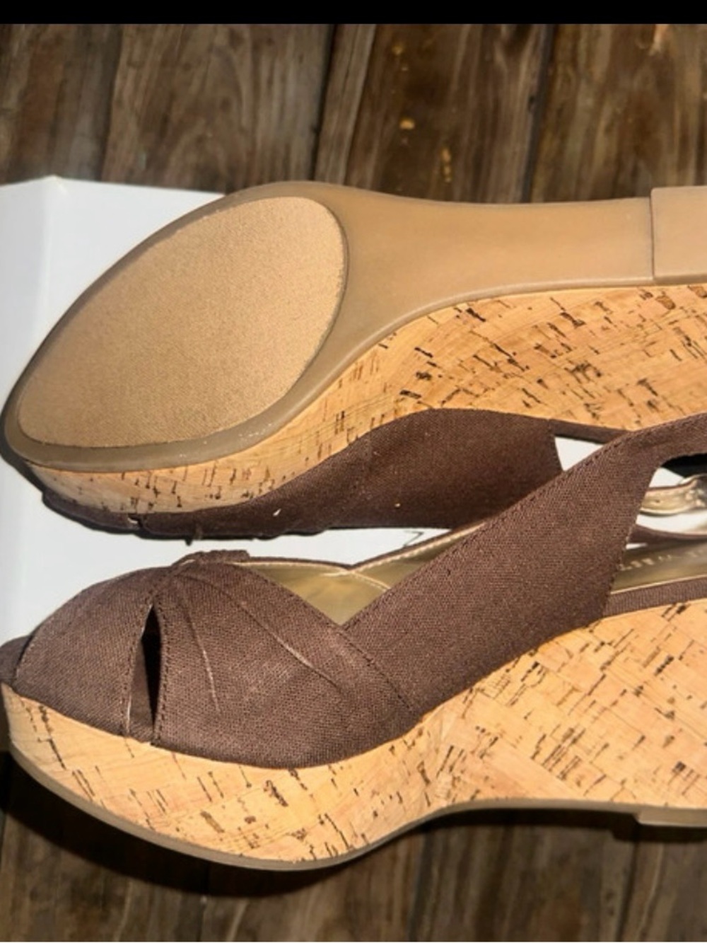 Nine West Brown Fabric Cork Wedge Sandals